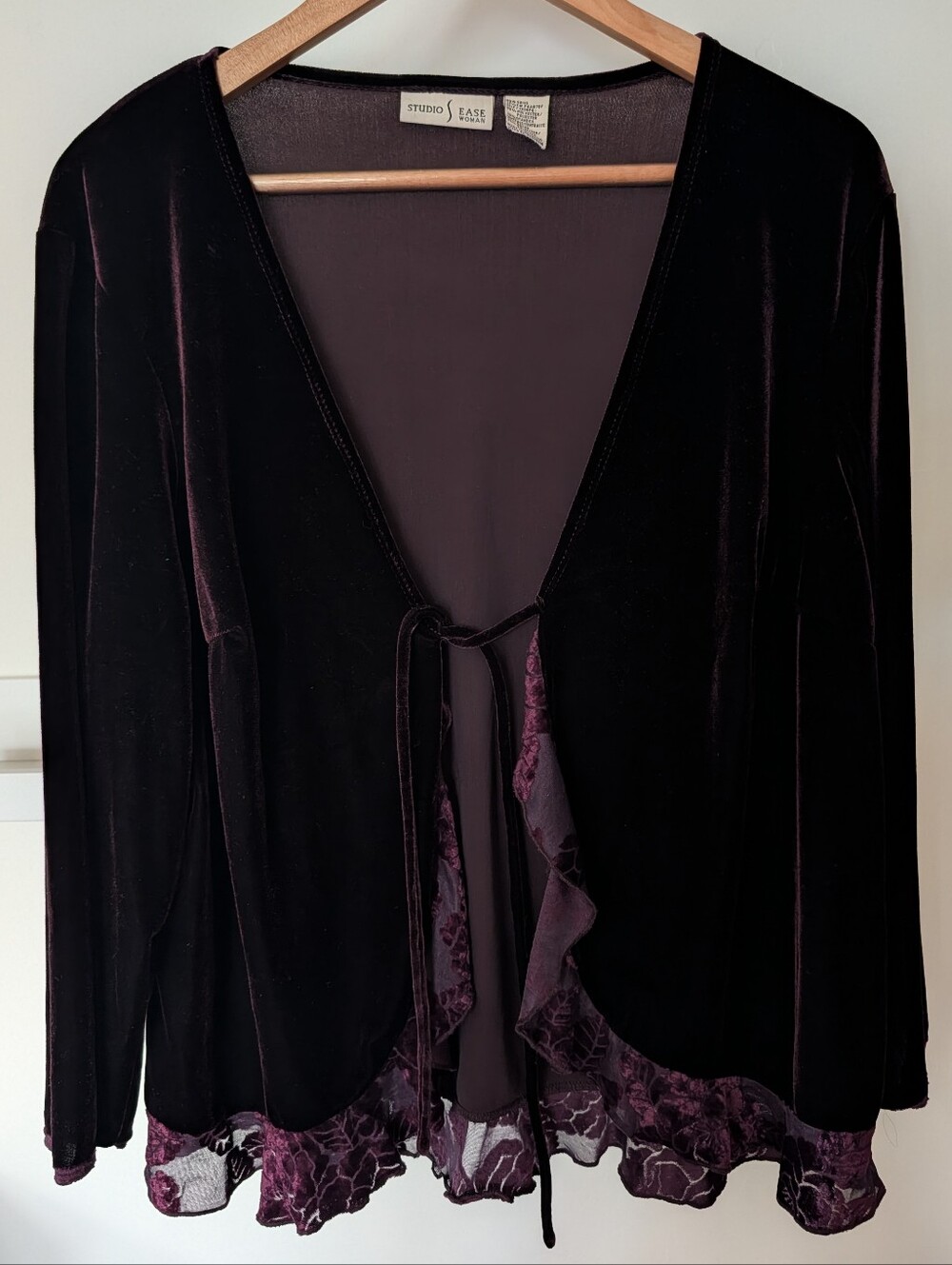 Studio Ease Long Sleeve Velvet Tie Cardigan Burgundy Purple Women's XL Dressy